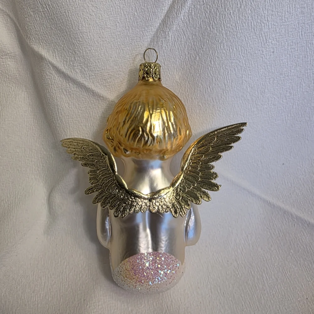 Vintage German Blown Glass Christmas Ornament Angel on a Cloud w Gold Wings EUC
